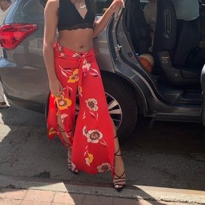 red floral side slit pants